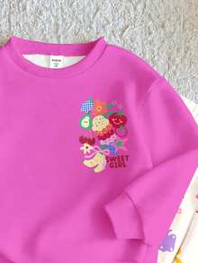 Young Girl Cute Nordic Style Dopamine Fun Fruit & Floral Pattern, Casual Loose Drop Shoulder Long Sleeve Sweatshirt & Pleated Wide Leg Sweatpants Set With Fleece Lining - Multicolor - View 12