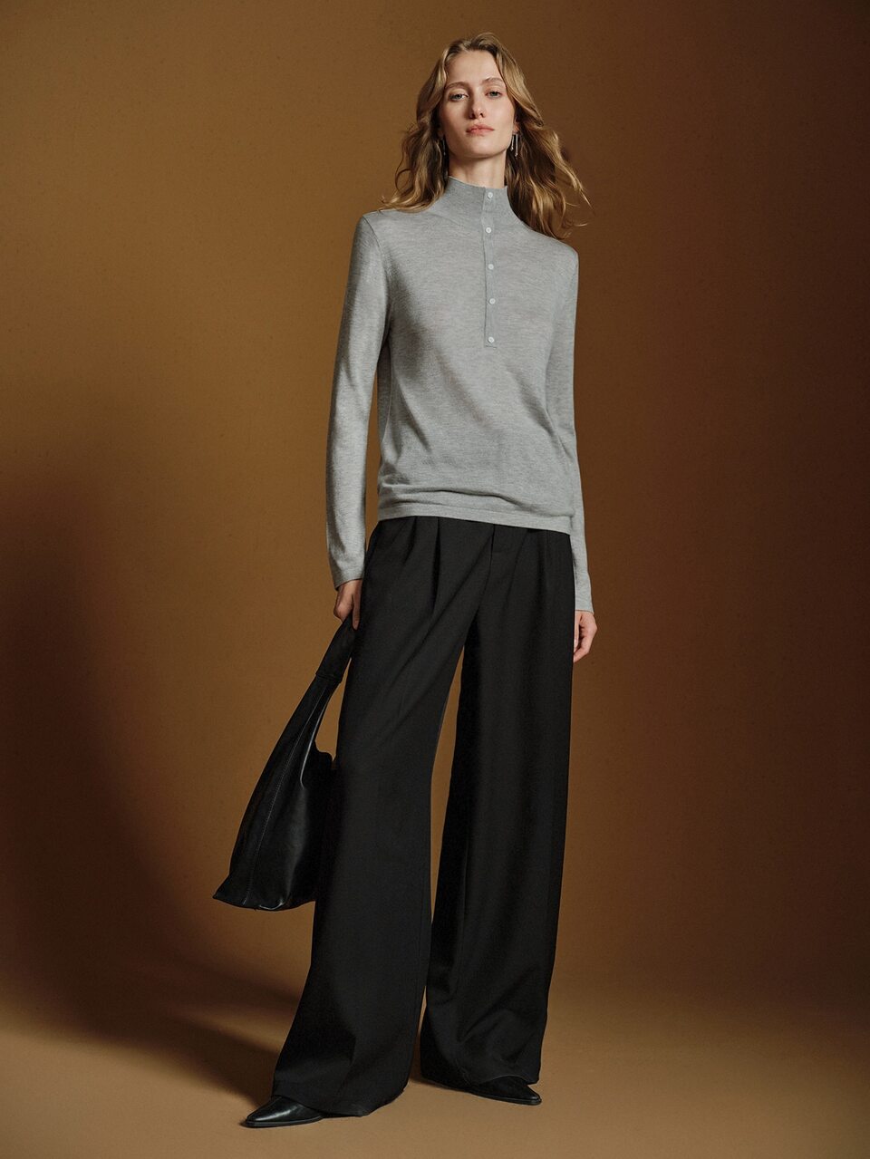 Anewsta Essential Grey Half Button Half Mock Neck Minimalist Knit Base Layer Top