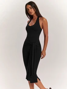 SHEIN BAE Women's Solid Color Casual Daily Wear Halter Neck Jumpsuit Capris - Black - View 6