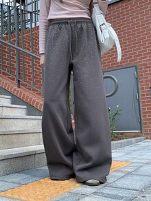 DAZY Solid Color Loose Rhinestone Thermal Lined Thick Elastic Waist Casual Street Style Korean Autumn/Winter Wide Leg Pants For Women - Grey - View 9