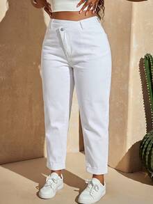 Slaydiva Quần jeans ống đứng cạp thẳng màu trơn có cúc và túi cho người size lớn - trắng - Xem 7