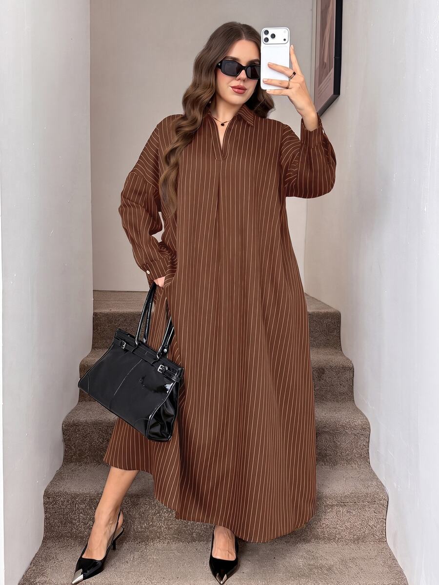 Easowa Curve Women Plus Size Loose Casual Daily Drop Shoulder Lantern Sleeve Striped Long Shirt Dress Fall - Rust Brown - View 1