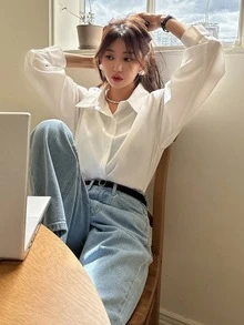DAZY 女款白色單排扣長袖休閒百搭襯衫 - 白色 - 查看 3