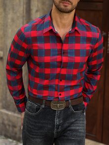 Manfinity Mode 男士簡約紅黑格紋長袖襯衫，鈕扣開襟休閒襯衫，適合派對與秋季穿著 - 紅色 - 查看 4