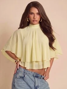 Bluhae Spring Summer Light Yellow Semi-High Neck Chiffon Cape Blouse Women Double Layer Flowy Ruffle Shawl Style Top For Outing Shopping Afternoon Tea Gentle Fairy Like Shirt - Light Yellow - View 1