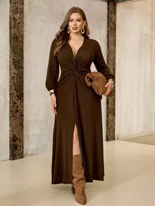 Roveilla Plus Size Women's French Casual Elegant Long Sleeve Knot Front Slit Dress Fall Thanksgiving Evening Night Brown - Brown - View 3