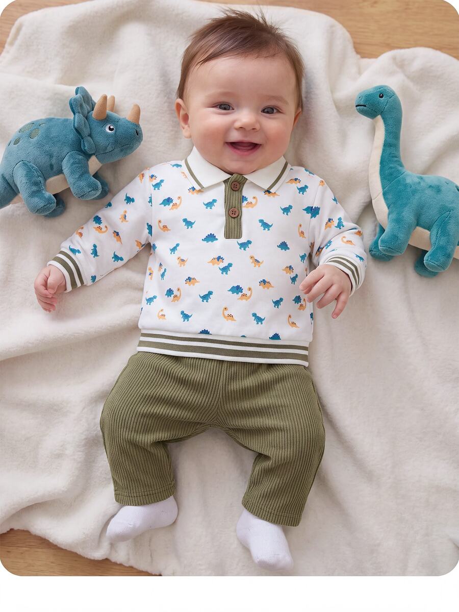 SHEIN Newborn Cute Cartoon Pattern Print Polo Shirt & Elastic Waist Long Pants Set - Army Green - View 1
