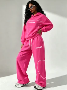 SHEIN Core Rhythm Women's Letter Pattern Hooded Long Sleeve Sweatshirt & Sweatpants Casual Daily Sports Set - Rose Red - View 5