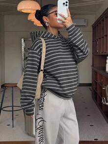 Muchica 女款寬鬆圓領運動衫，秋季服飾，黑白條紋運動衫，休閒極簡日常百搭，約會出遊穿搭，秋季穿搭，女款通勤穿搭，百搭上衣，出遊穿搭，機場穿搭 - 彩色 - 查看 5