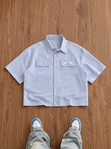 ESTAVOR 男士條紋牛仔休閒短袖襯衫，適合日常穿著 - 藍色 - 查看 3