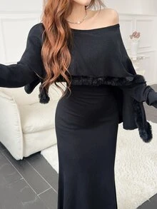 Feyla Women's Solid Color Asymmetrical Shoulder Casual Daily Knit Dress - Black - View 3