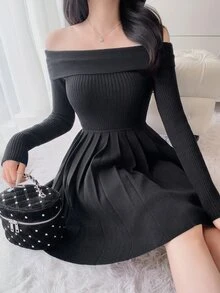 FRIFUL Women's Elegant Ribbed Pleated Off-Shoulder Sweater Dress - Black - View 6