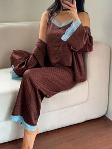 Dazy Plus 3pcs Colorblock Polka Dot Long Pants Loungewear Set, Spring Summer Autumn Pajamas - Brown - View 3