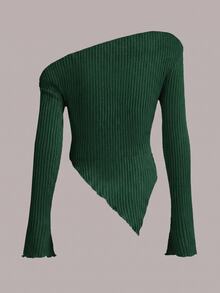 SHEIN ICON Y2K 頹廢風不對稱領口荷葉邊修身T恤 - 墨綠色 - 查看 3
