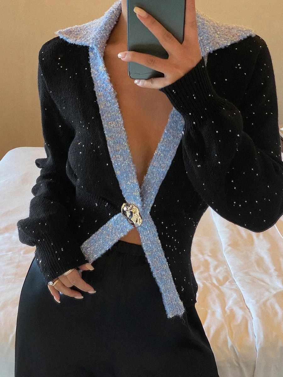 Livesso 女款深V領拼接配色休閒性感法式優雅開襟衫,適合日常、夜晚外出、約會之夜、早午餐、茶會,黑色,秋季 - 黑色 - 查看 1