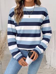 SHEIN LUNE 女款衛衣，秋季服飾，休閒極簡復古優雅通勤百搭保暖印花圖案藍白條紋，秋季穿搭，女款通勤穿搭，百搭上衣，外出穿搭，機場穿搭 - 白色 - 查看 6