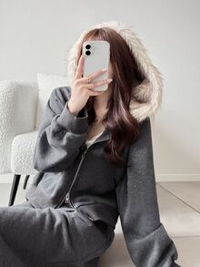 FRIFUL Women's Plush Patchwork Zip-Up Hoodie & Long Casual Daily Two Pieces Set - Grey - View 8