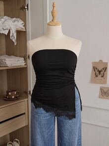 Comfortcana Plus Size Sleeveless Bandeau Split Pleated Solid Color Women's Top - Black - View 2