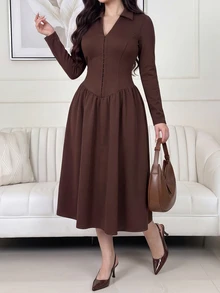 Feyla Women's Solid Color Elegant Daily Business Commute V-Neck Midi Dress - Brown - View 5