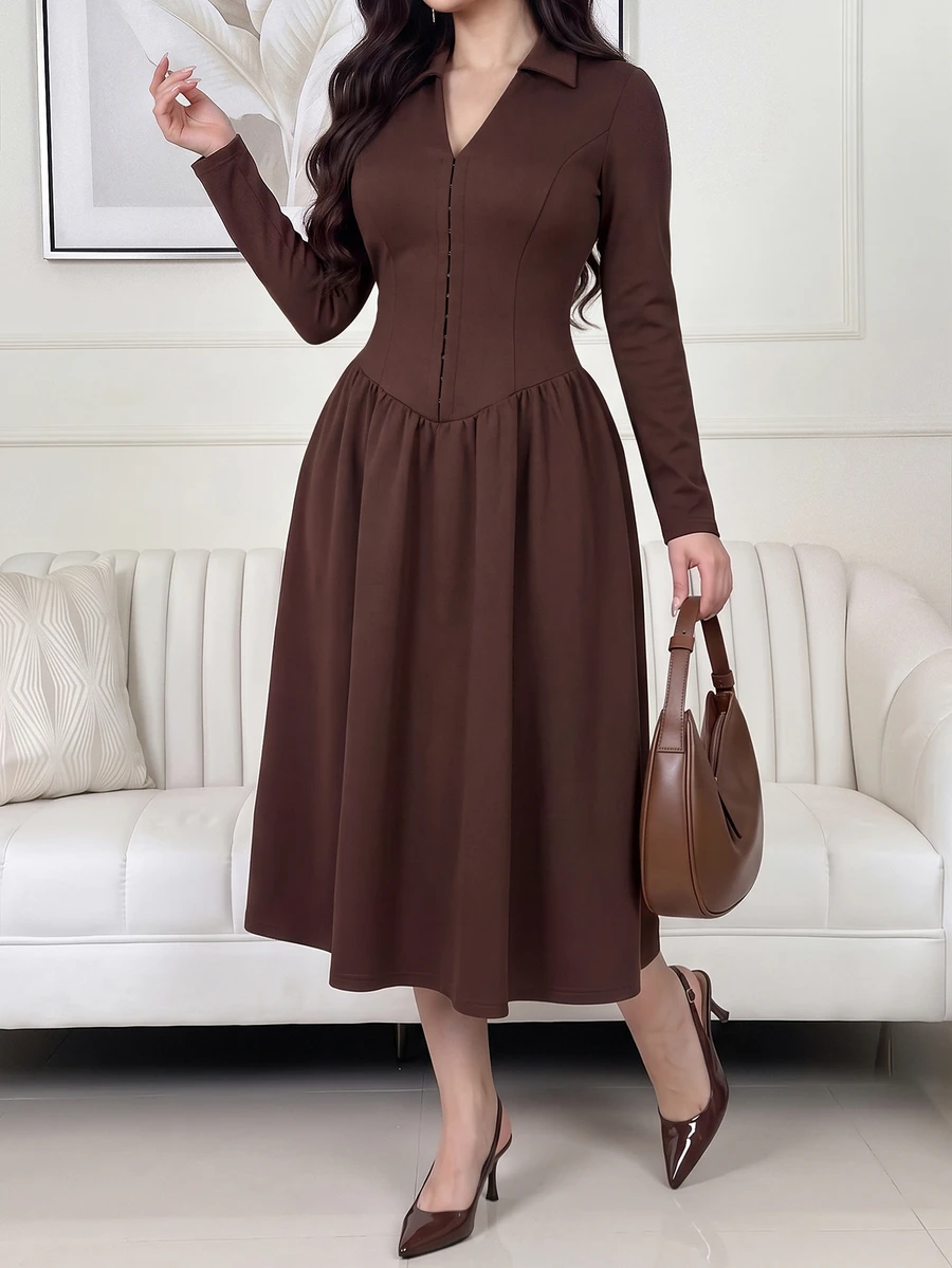 Feyla Women's Solid Color Elegant Daily Business Commute V-Neck Midi Dress - Brown - View 1