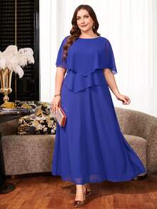 Reflora Plus Size Women Solid Color Casual Party Dress - Royal Blue - View 3