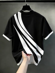 Manfinity Homme Plus Size Men's Striped Contrast Color Short Sleeve Crew Neck T-Shirt Casual Comfortable - Black and White - View 2