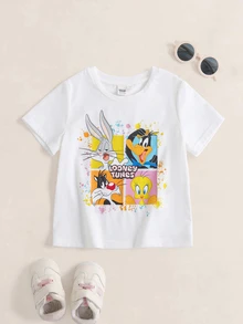 LOONEY TUNES X SHEIN Young Girl Cartoon Print Round Neck Short Sleeve T-Shirt - White - View 1