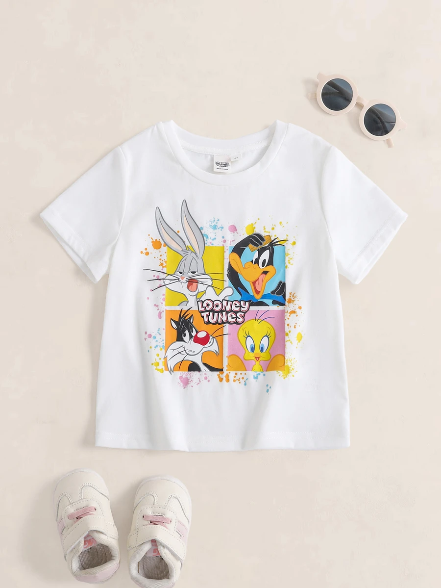 LOONEY TUNES X SHEIN Young Girl Cartoon Print Round Neck Short Sleeve T-Shirt - White - View 1