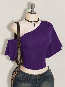 SHEIN ICON 女款性感不對稱單肩抓皺收腰上衣，適合約會穿著 - 紫色 - 查看 3