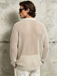 TONEVAULT European Old Money Style Hollow Out Long Sleeve Knit Polo Shirt Men Contrast Color Collar Waffle Mesh Casual Solid Color Top Autumn Summer - Apricot - View 2