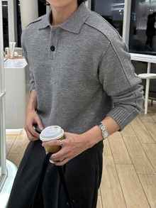 DAZY 秋冬男士 Polo 領半鈕扣開襟針織衫，露縫線設計，麻灰色 - 灰色 - 查看 7
