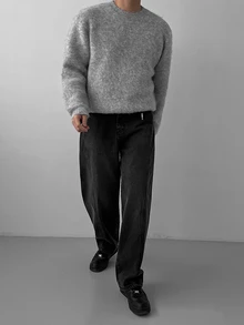 DAZY Autumn/Winter Brushed Grey Heather Long Sleeve Ribbed Cuff & Hem Loose Fit Korean Style Casual Men's Sweater - Grey - View 4