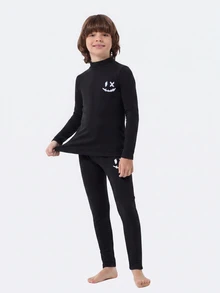 SHEIN 2 Pieces Tween Boy Casual Pure Color Warm Middle Collar Long Sleeve Shirt And Long Pants Underwear Set Suitable For Base Warm Clothes - Multicolor - View 4
