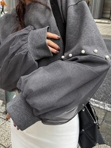 FRIFUL Women's Solid Color Faux Pearl Decor Casual Daily Long Sleeve Sweatshirt - Grey - View 2