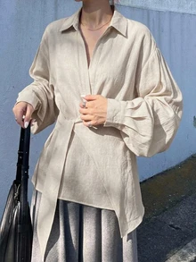 DAZY 女款半鈕扣側綁帶套頭休閒優雅襯衫 - 白色 - 查看 2
