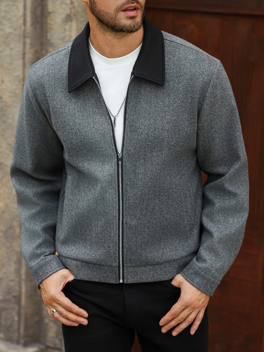 Manfinity Homme Men's Contrast Color Lapel Wool Jacket, Mature Casual Zipper Short Overcoat, Suitable For Halloween, Christmas, New Year, Gifts - Grey - View 1