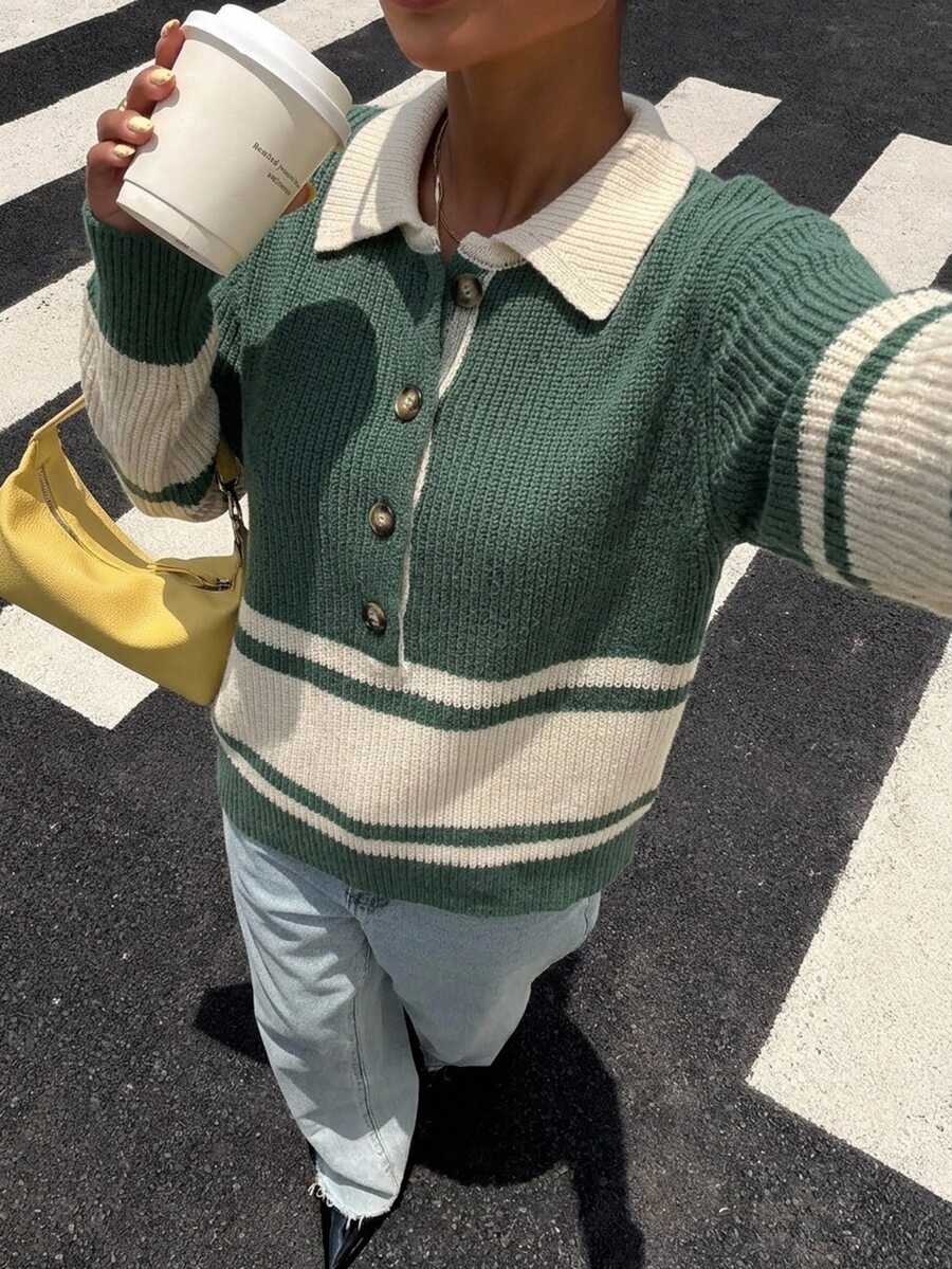 Livesso Women's Green Round Neck Long Sleeve Cable Knit Slim Fit Ribbed Casual Sweater, Autumn/Winter - Green - View 1