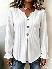 Glimmora Fashionable Retro Casual Basic Waffle Texture Fabric, Button Closure Design, Ruffle Cuff Women's Shirt - White - View 4
