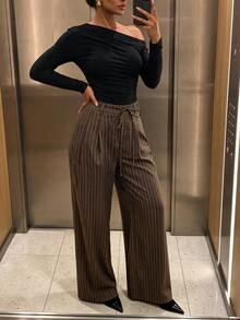 SHEIN SXY Women's Striped Casual Versatile Daily Wear Long Pants - Brown - View 8