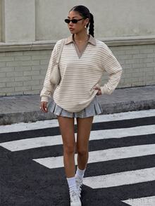 Muchica 女款 Polo 領長袖寬鬆加厚運動衫，適合秋冬，淺色條紋圖案，休閒時尚，校園風 - 彩色 - 查看 5