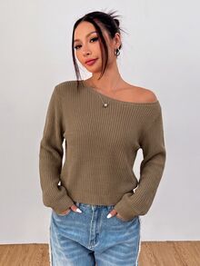 SHEIN PETITE 女款純色單肩休閒日常長袖針織衫 - 摩卡棕 - 查看 3