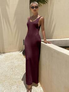 Livesso Petite Women's Solid Color Casual Everyday Summer Knit Dress - Brown - View 6