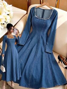 GlowEve Women's Faux Pearl Decor Cinched Waist Long Sleeve Denim Dress - Blue - View 1