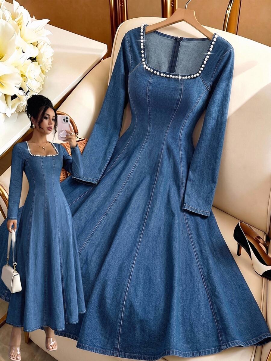 GlowEve Women's Faux Pearl Decor Cinched Waist Long Sleeve Denim Dress - Blue - View 1