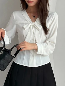 DAZY 女款純色長袖鈕扣式修身前綁帶襯衫 - 白色 - 查看 5