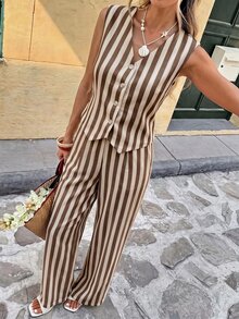 SHEIN Frenchy 女款條紋單排扣上衣與長褲休閒日常套裝 - 彩色 - 查看 4