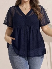 Comfylo 大尺碼女款純色V領波點時尚寬鬆短袖襯衫 - 藏蓝色 - 查看 1