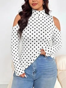 Shapeblank Minimalist Polka Dot Casual Slim Fit Cold Shoulder High Neck T-Shirt Plus Size Autumn/Winter - Multicolor - View 1