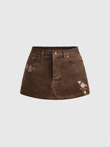 ROMWE Vintage Hippie Embroidered Brown Corduroy A-Line Skirt - Brown - View 1