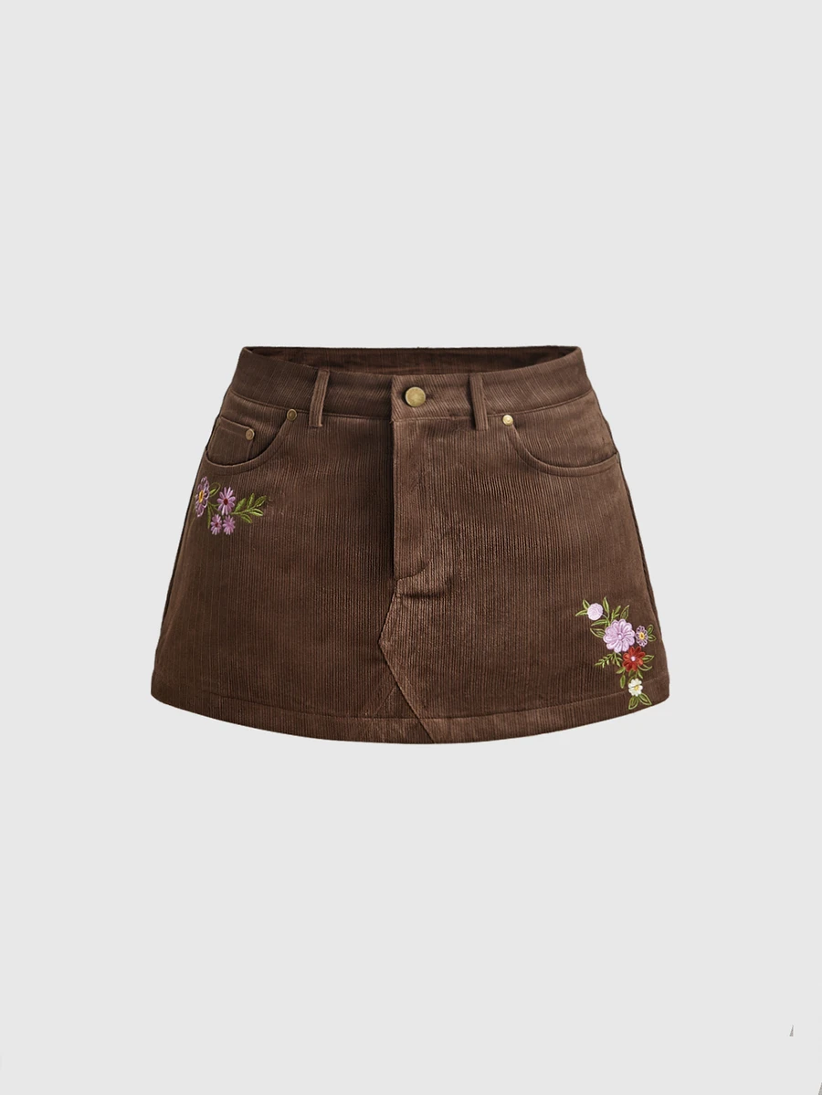 ROMWE Vintage Hippie Embroidered Brown Corduroy A-Line Skirt - Brown - View 1
